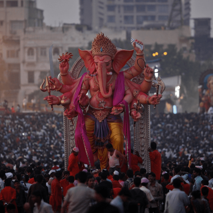 Ganesh Chaturthi procession → drums, dance & fireworks