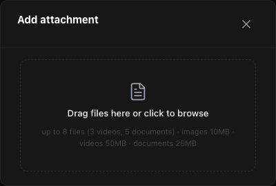 The Add attachment dialog with the prompt Drag files here or click to browse.