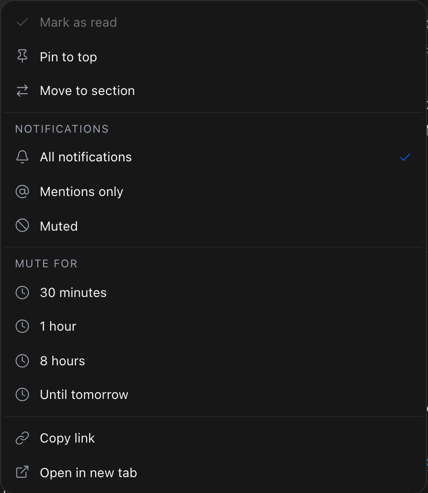 A club's right-click menu showing Mark as read, Pin to top, Move to section, the Notifications choices All notifications, Mentions only and Muted, Mute for 30 minutes, 1 hour, 8 hours or Until tomorrow, Copy link and Open in new tab.