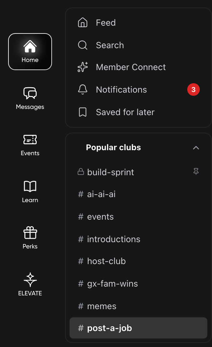 Community Home on desktop: the left icon rail with Home, Messages, Events, Learn, Perks and ELEVATE, the sidebar with Feed, Search, Member Connect, Notifications, Saved for later and and the Popular clubs, City clubs and My clubs lists.