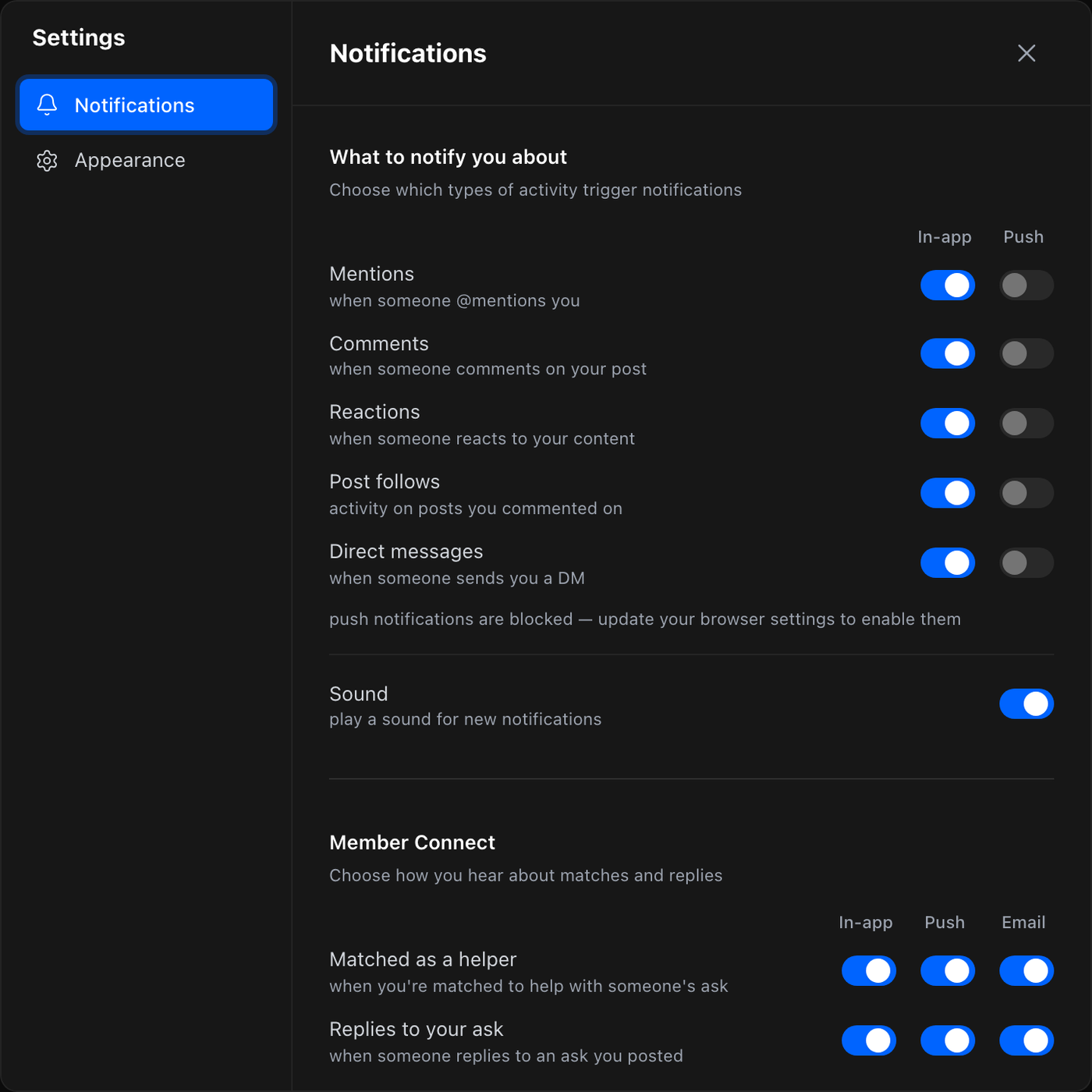 Settings with the Notifications tab open, showing What to notify you about with In-app and Push toggles for Mentions, Comments, Reactions, Post follows and Direct messages, the Sound toggle, and Member Connect with In-app, Push and Email for Matched as a helper and Replies to your ask.