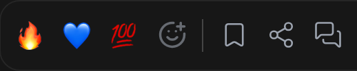 The toolbar that appears when you hover over a post: the fire, blue heart and 100 reactions, add reaction, Save post, Share post and Reply.