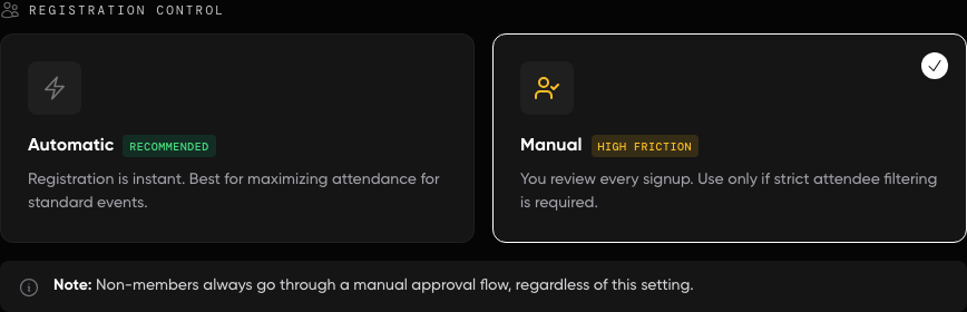 The GrowthX registration control showing automatic and manual approval choices
