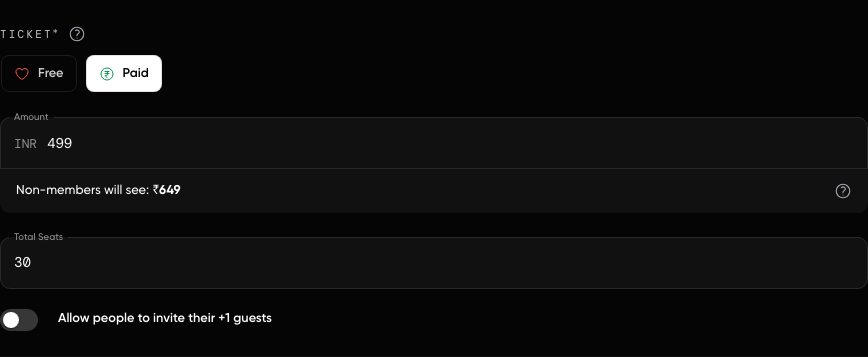 The GrowthX event ticket controls showing paid pricing, seat count and plus-one setting