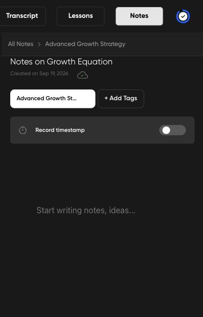 Notes panel showing the note title, course tag, Record timestamp switch and editor.